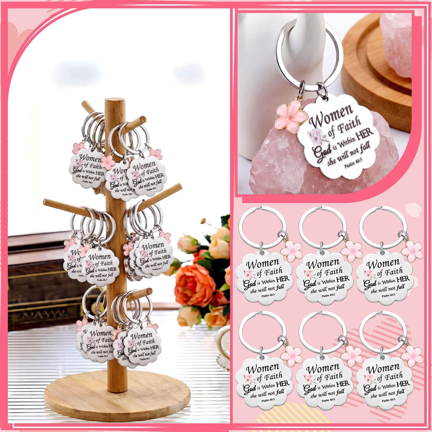Cunno Christian Gifts for Mother's Day Women Church Religious Keychain Bulk Scalloped with Enamel Sakura Woman of Faith(24 Pcs)