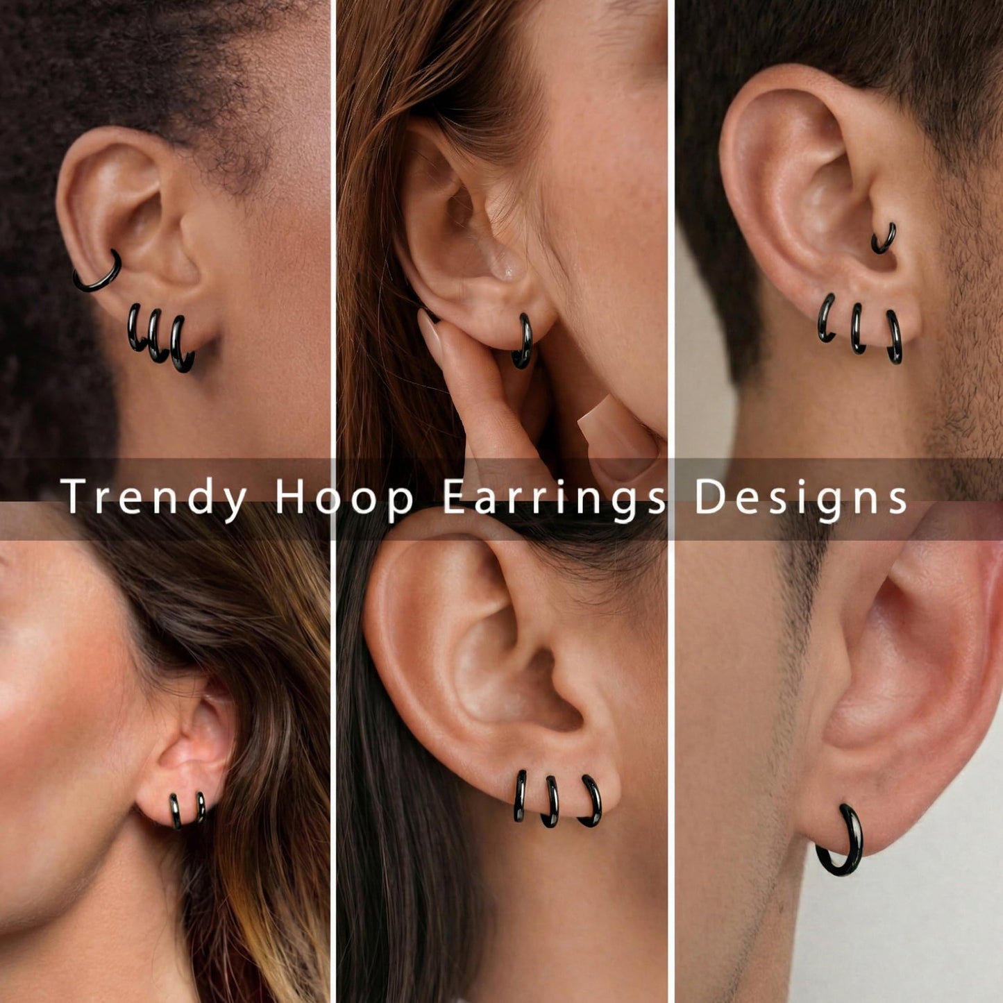 Gokeey Small Gold Huggie Hoop Earrings Set for Women 14K Gold Plated Hypoallergenic Lightweight Earrings for Sensitive Ears Everyday Earrings for Cartilage Piercings (12mm/12mm/12mm/12mm, Black)