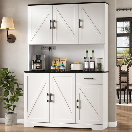 71" Tall Kitchen Pantry Storage Cabinet with Charging Station,Farmhouse Buffet Cabinet with Microwave Shelf,Large Kitchen Hutch Cabinet Doors & Drawer,Food Pantry for Dining Room,Living Room (White)