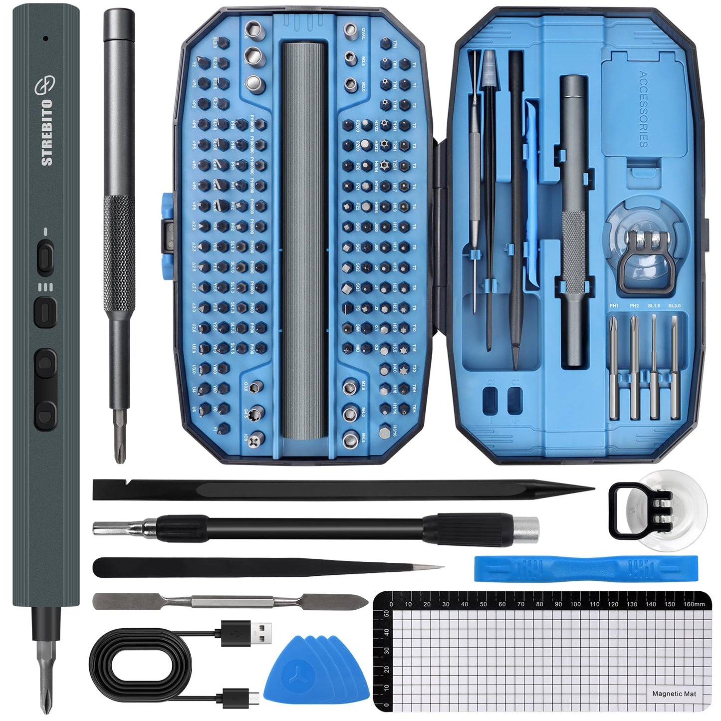 STREBITO 155 in 1 Electric Screwdriver Set, Small Electric Screwdriver Cordless with 140 S2 Magnetic Bits, Electronic Power Screwdriver Repair Tool Kit for RC, Computer, PC Building, Laptop
