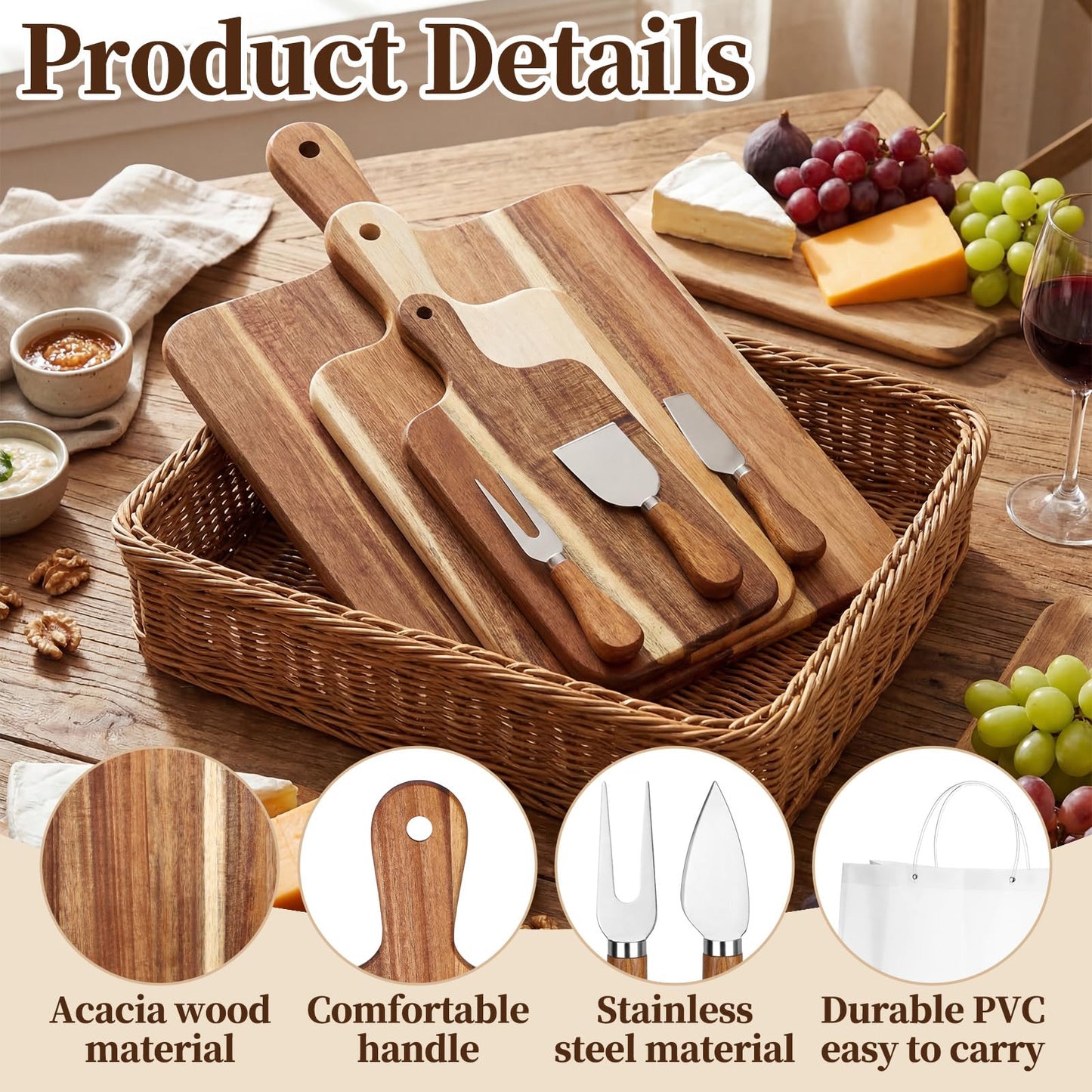 Acellegic 8 Pcs Cheese Prizes Acacia Wood Cutting Boards Gift Set Bridal Baby Shower with Cheese Knives Set PVC Bag Wooden Square Board for Bridal Baby Shower Housewarming Christmas