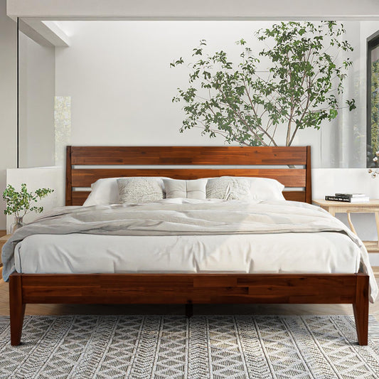 Acacia Emery Bed Frame with Headboard Solid Wood Platform Bed, King Size Bed Frame, Mid - Century Modern Wood Bed Compatible with All Mattresses, Easy Assembly, Non-Slip, Chocolate.