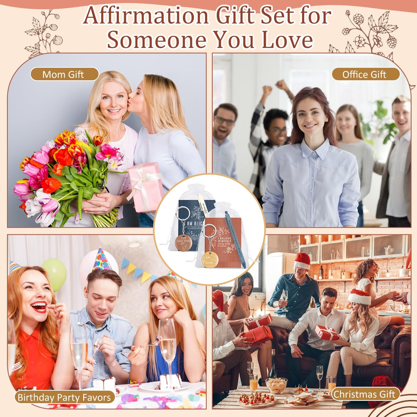 Mooliwe 108 Pcs/36 Set Positive Affirmation Gift Set Gratitude Notebooks with Pens Acrylic Keychains Small Bags Motivational Notepads for Women Coworkers Christmas Adults Party Favors (Vibrant)