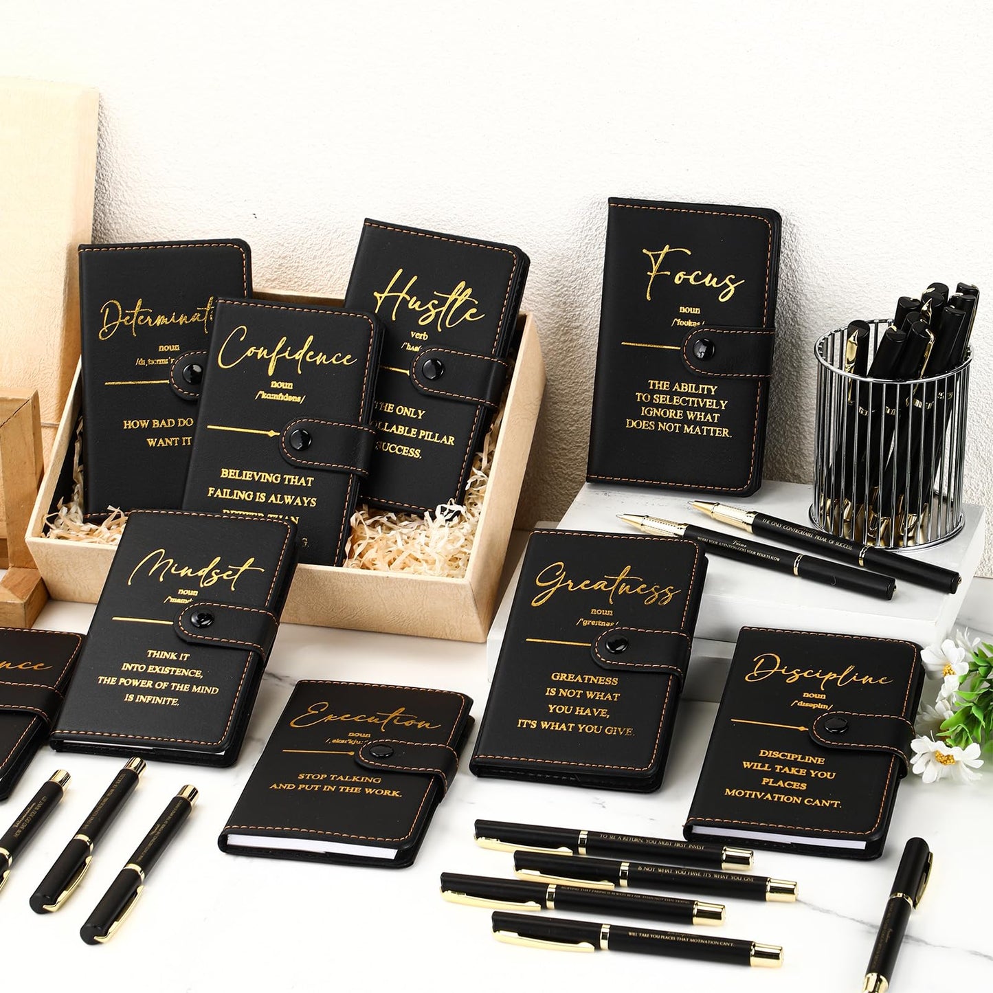 Tenceur 10 Sets Teacher Appreciation Gifts in Bulk Pocket Notebooks with Pens Motivational Leather Journals for Staff Employee Teacher Students Office School Supplies (Black)