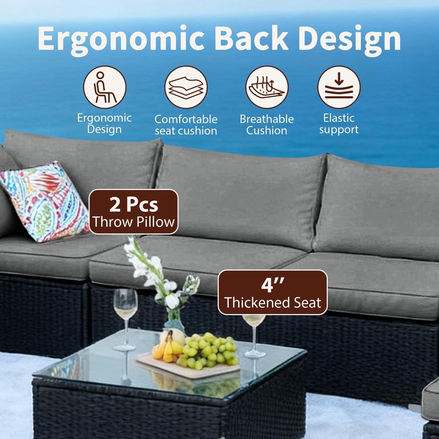 ZJEYEJZ 7 Pieces Patio Furniture Set - All-Weather Outdoor Wicker Sectional Conversation Sofa, Rattan Patio Seating Sofa Set with Cushion and Glass Table for Porch Poolside, Black/Grey