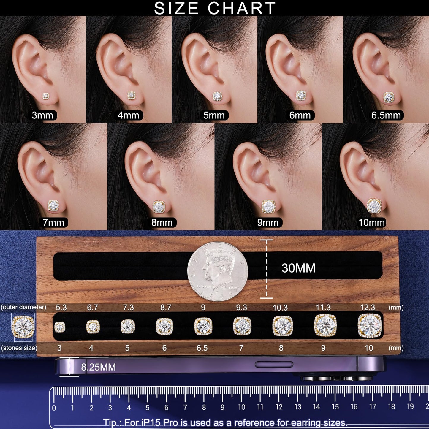Gugots Moissanite Halo Square Stud Earrings Screw Back 925 Sterling Silver Lab Brilliant D Color VVS1 Clarity Hypoallergenic Earrings for Women Men 18K Gold Plated 0.8CT 6MM*2