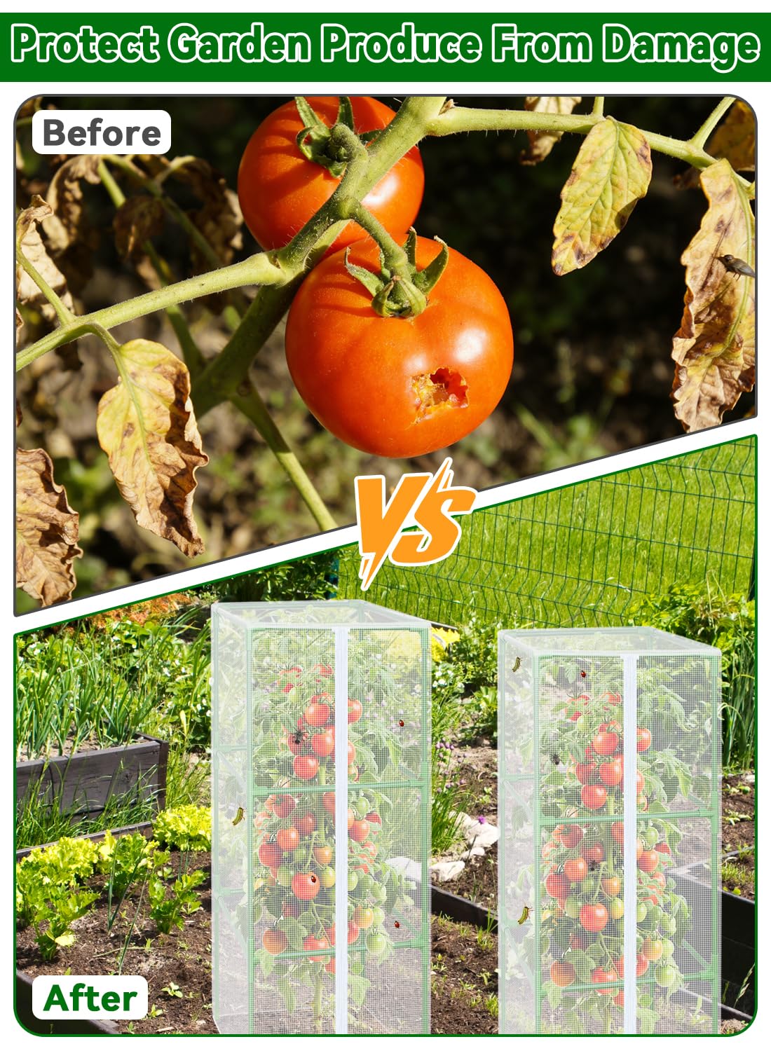 ZeeDix 57" x 16.1" Garden Bird Netting for Square Tomato Cage, 4 Pack Garden Mesh Barrier, Plant Covers Protect Tomatoes, Vegetables, Blueberry Bush from Birds & Pests