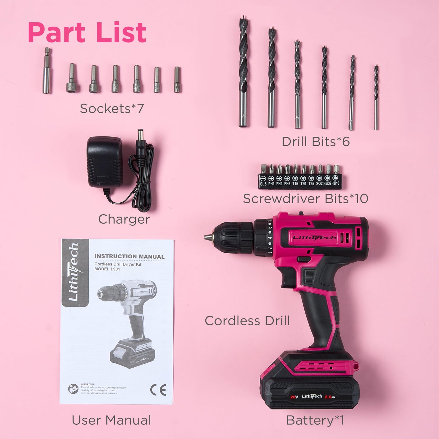 Lithitech 20V Pink Cordless Drill Set for Women - with 2.0Ah Battery & Charger, 3/8" Keyless Chuck,Lightweight Electric Power Drill Tool,2-Speed + 354 In-Lb Torque(Pink)