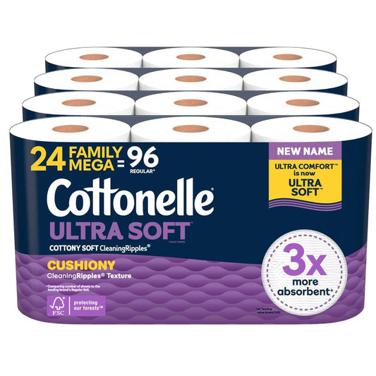 Cottonelle Ultra Soft Toilet Paper with Cushiony CleaningRipples Texture, Strong Bath Tissue, 24 Family Mega Rolls = 108 Regular Rolls (4 Packs of 6)