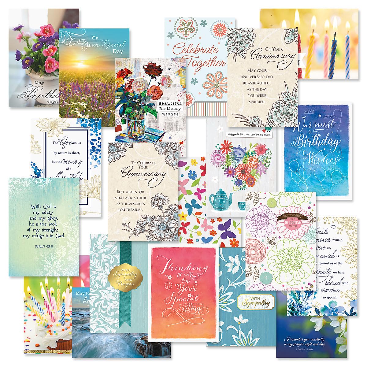 Current Faith Assorted Cards with Envelopes All Occasion - 20 Pack, Large 5" x 7" Christian Cards with Sentiments, Variety of Get Well, Sympathy, Birthday, Anniversary & Thinking of You