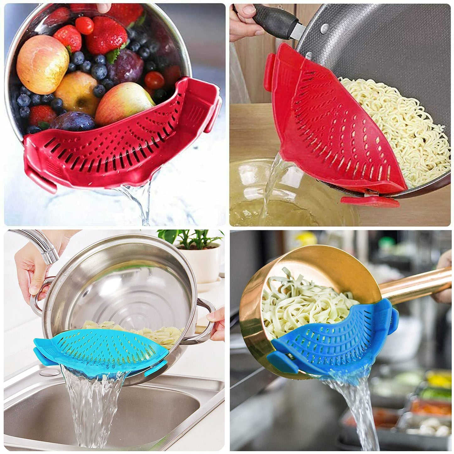 2 Pcs Clip on Strainers, Pot Strainer for Pasta Meat Vegetables Fruit, Silicone Strainer - Fit All Pots and Bowls.