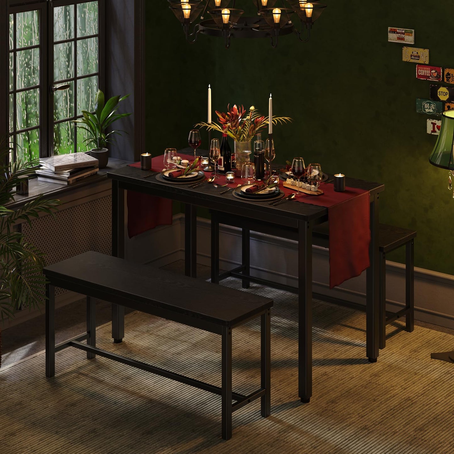 Tatub Dining Table Set for 4, 3-Piece Kitchen Table with 2 Benches, Space-Saving Dining Room Set for Breakfast Nook and Small Spaces, Black