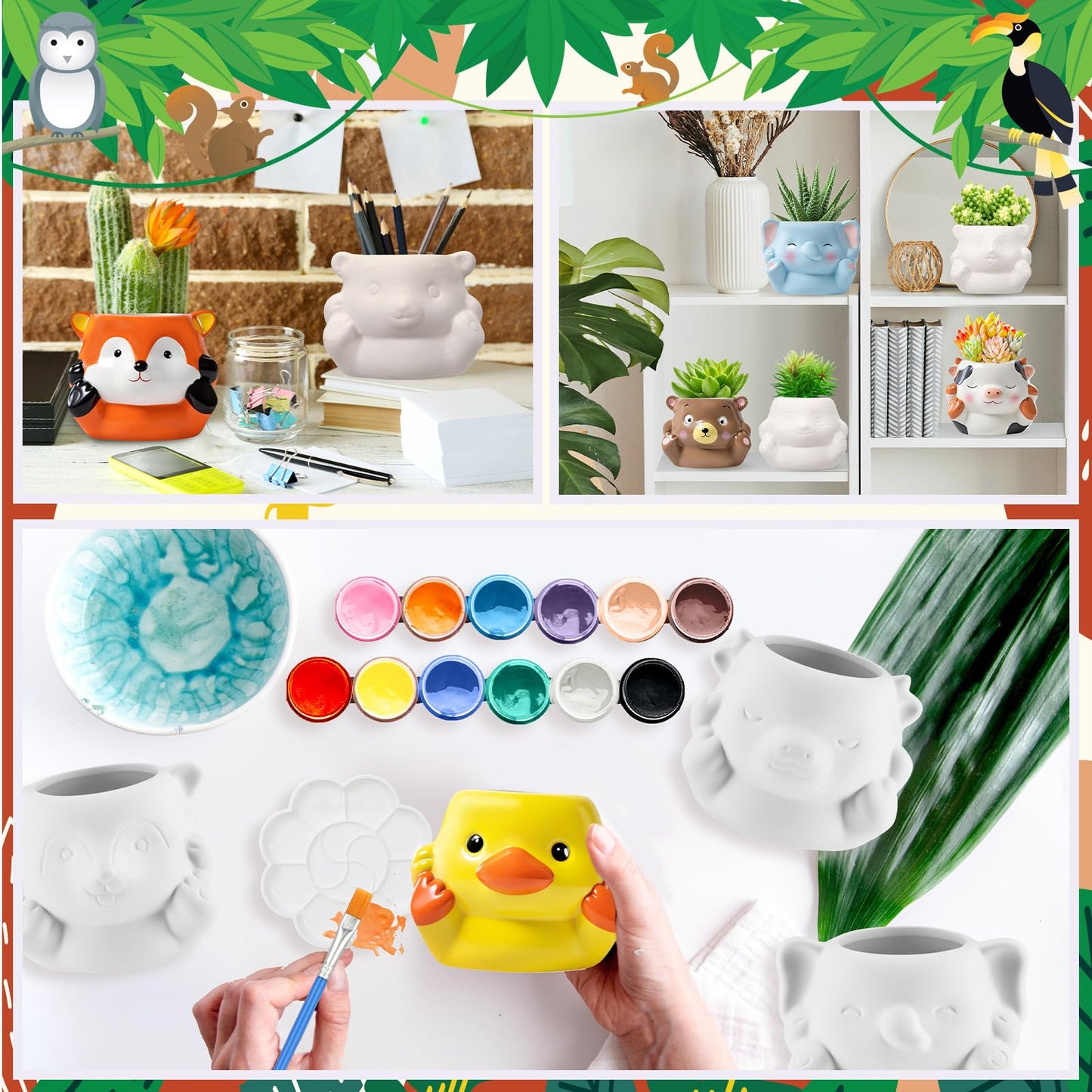 Chuangdi 6 Sets DIY Ceramic Succulent Pots Paint Animal Planters Unpainted Plant Flower Pot Paintable Ceramic Painting Kit Drainage Hole Color Paints Paintbrushes Palettes for Craft(Novel Style)
