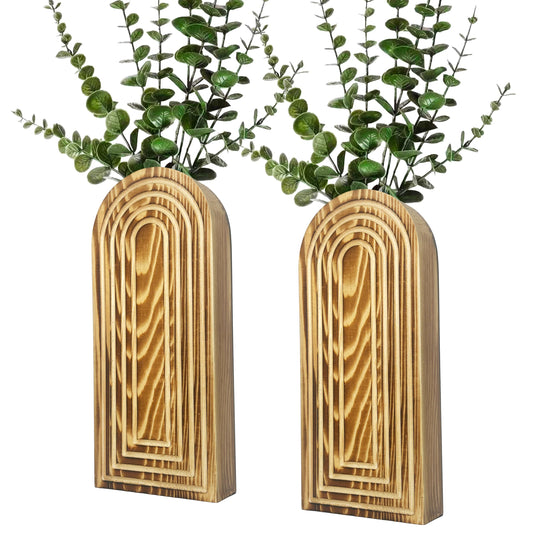 2 Pack Wooden Wall Vase Set - Boho & Modern Farmhouse Wall Decor, Hanging Planter for Indoor Plants & Flowers, Wood Mounted Art for Living Room, Bathroom, Hallway, Home Decor (Burnt Wood, Medium)