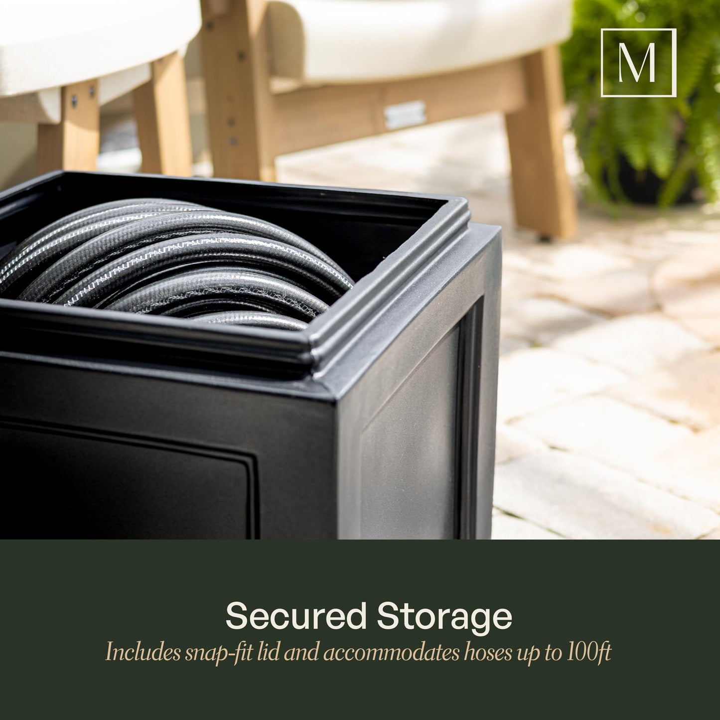 Mayne Fairfield Garden Hose Bin - Black - 17in L x 17in W x 18in H - Holds up to 100 ft. of standard garden hose (5858-B)