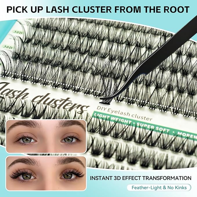 Wispy Lash Clusters Kit, D Curl Lashes Clusters Natural Look 9-16mm Individual Super Thin Band DIY Cluster Eyelash Extensions Kit with Bond Seal Tweezers Brush Remover (60D 80D Mix)