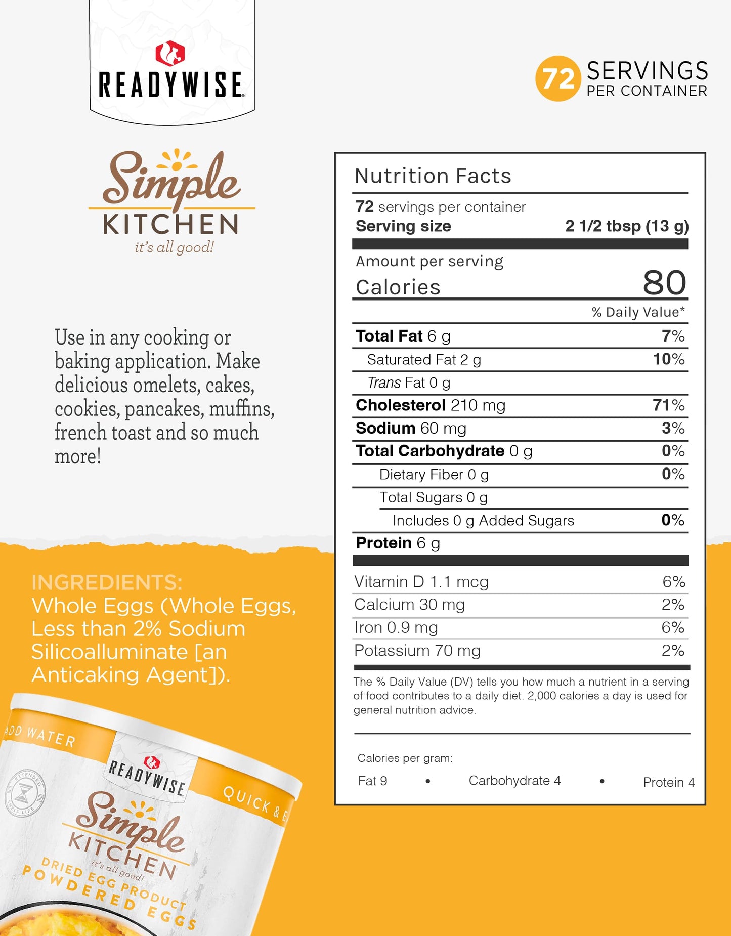 ReadyWise - Simple Kitchen, Powdered Eggs, 72 Servings, Emergency Supply, Dehydrated Food, Baking Supplies, Camping Meals, Survival Food, 10 Can Egg Powder