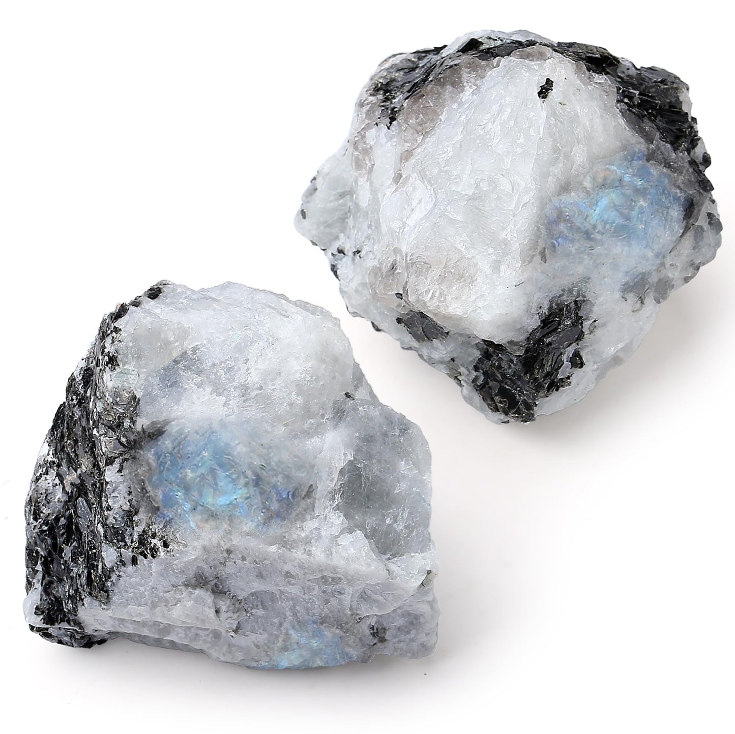 QINJIEJIE 1.8-2.2'' Rainbow Moonstone Raw Crystals 2PCS Natural Rough Healing Crystal Rocks Large Stones for Tumbling Cabbing Polishing Fountain Rocks Bulk DIY Decoration Gifts