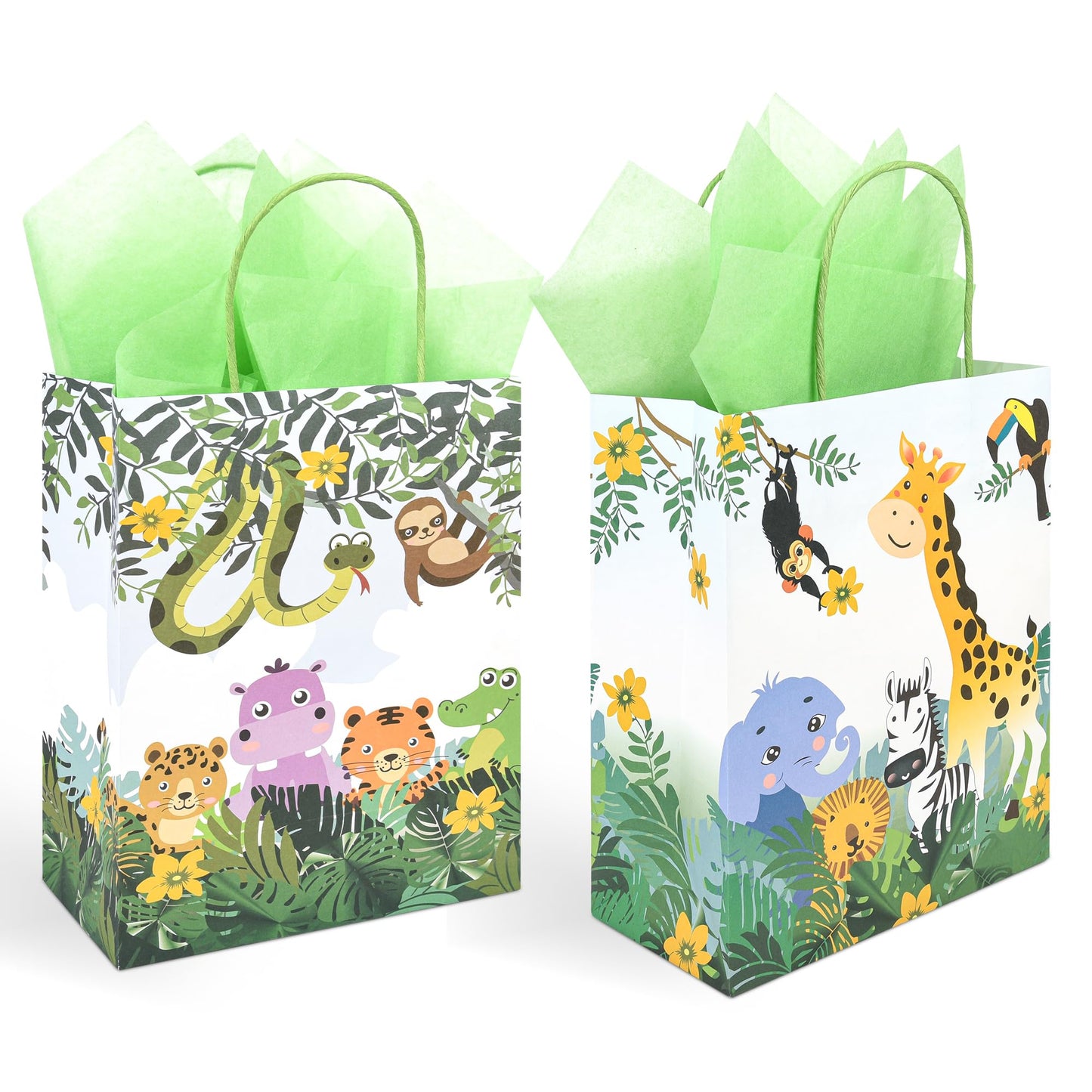 36 Pack Medium Jungle Safari Woodland Animal Themed Paper Gift Bags with Handles and Green Tissue Paper for Birthday Baby Shower Party Favors Goodies Treats, 10x8x4 Inch (2 Assorted Designs)