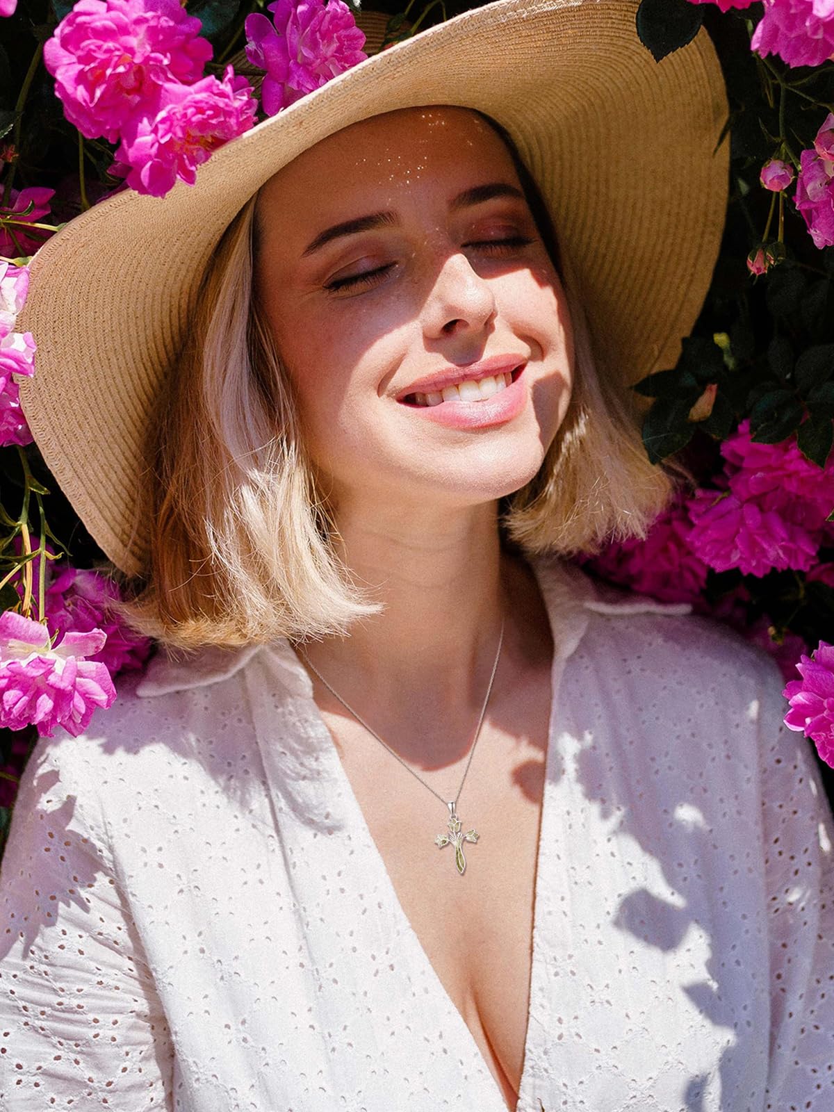 Dreamboat Cross Necklace for Women Sterling Silver Cross Pendant Christian Necklace Tulip Rose Moss Agate Faith Confirmation Gifts Religious Jewelry for Mom
