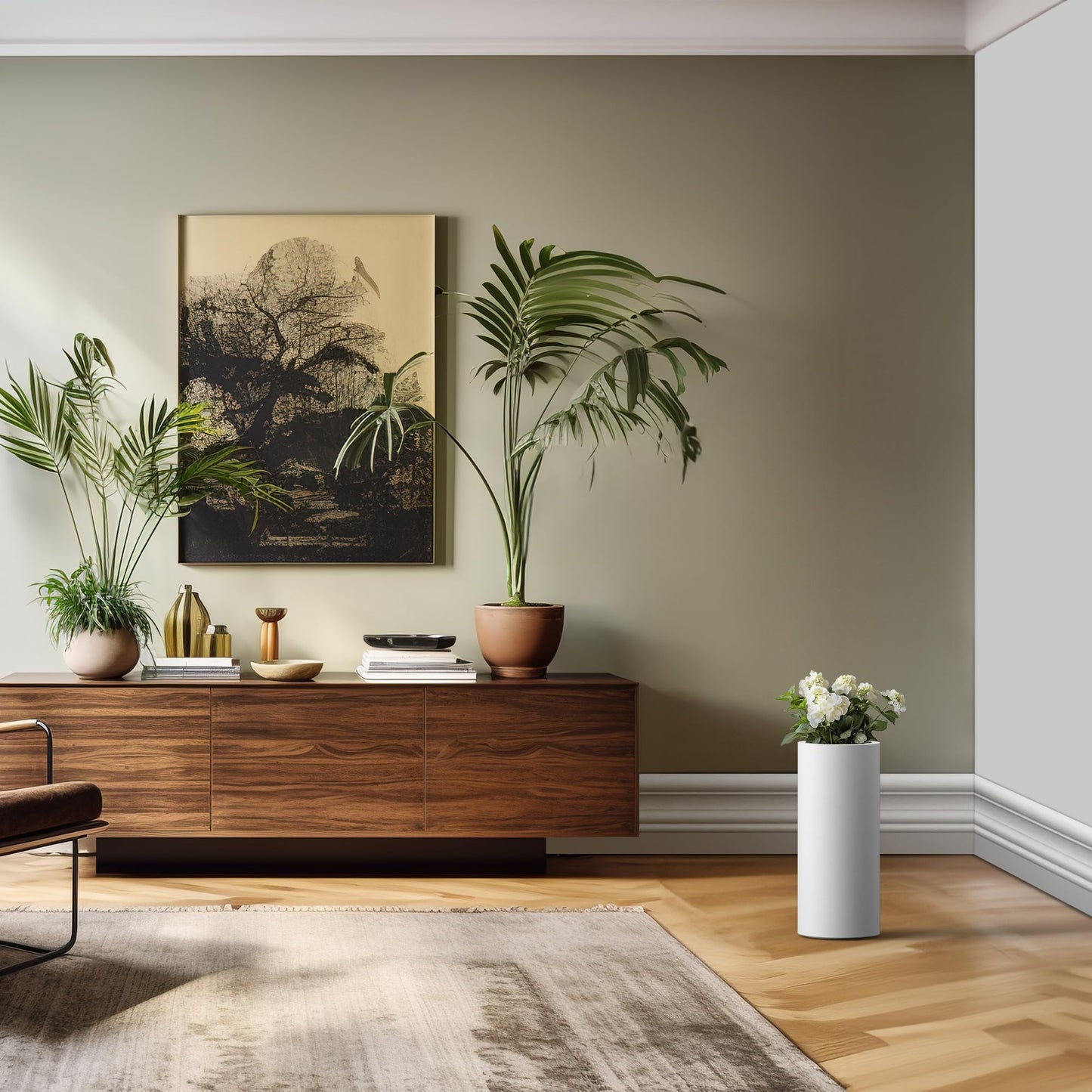 Kante 18.9 Inch Tall Cylindrical Planter, Large Round Plant Pots with Drainage Hole, Made with Concrete, Suitable for Indoor Outdoor Plants, Home Decor, White Finish with Painted Interior