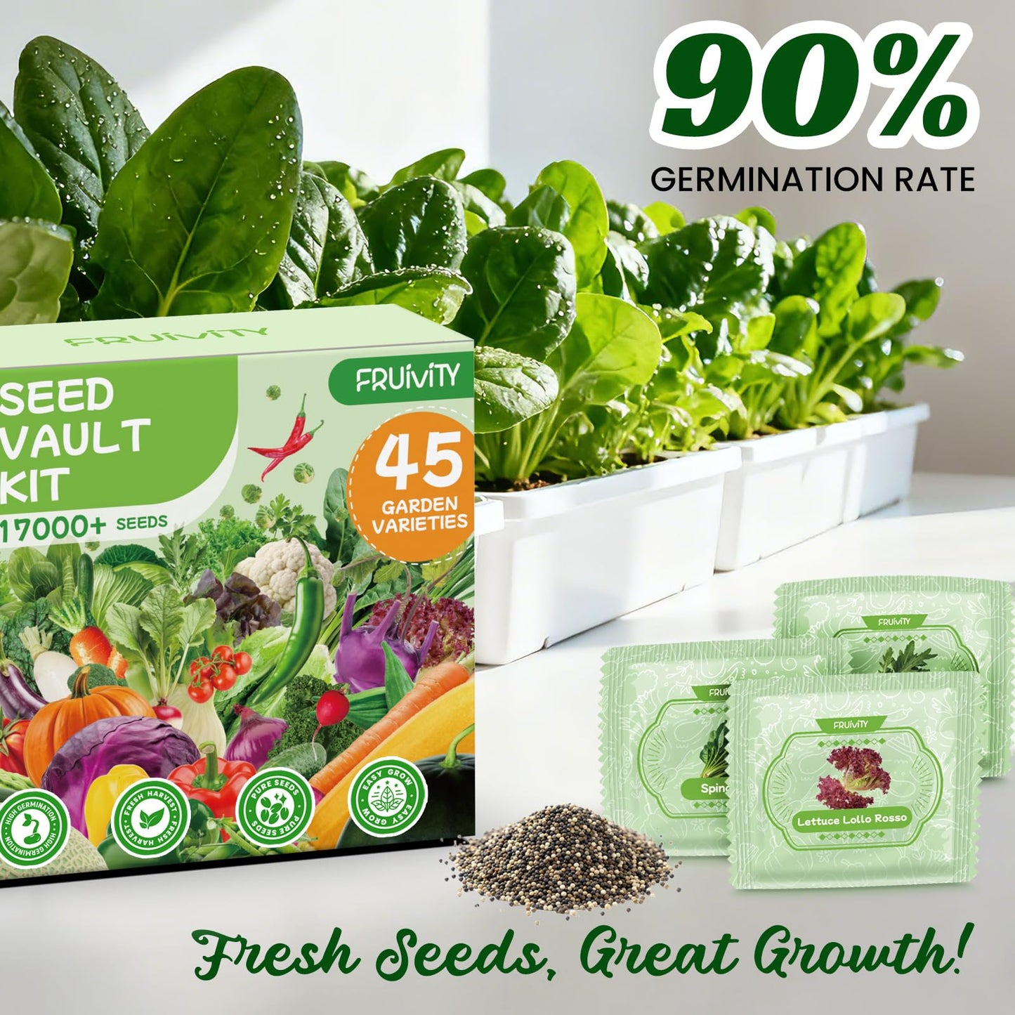 Fruivity 45 Vegetable Seeds Variety Pack - 17,000+ Garden Seeds for Planting Indoor & Outdoor - Seed Vault Kit with Tomato, Cabbage, Spinach - for Hydroponic, Women, Friend Gift