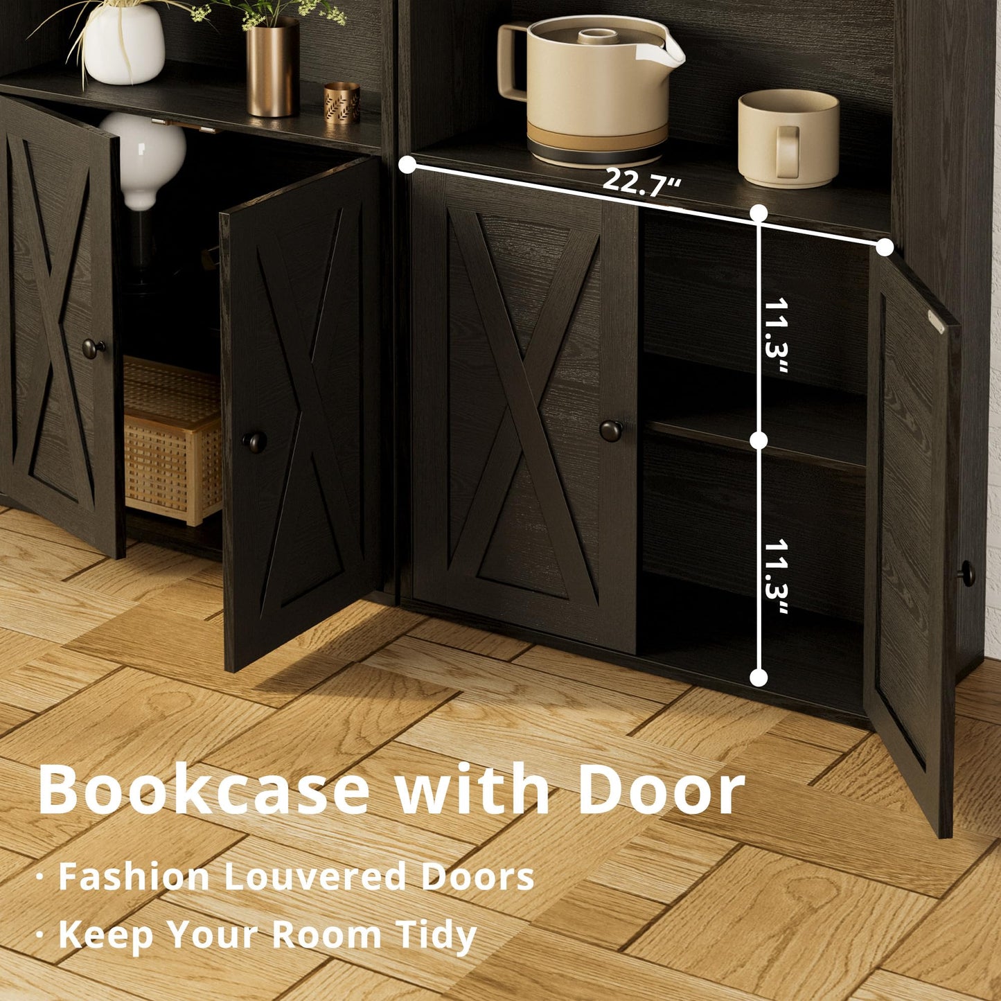 IRONCK Industrial Bookshelves and Bookcases with Doors 11.8 in Depth Floor Standing 5 Shelf Display Storage Shelves Bookcase Home Decor Furniture for Home, Office, Living Room, Bedroom