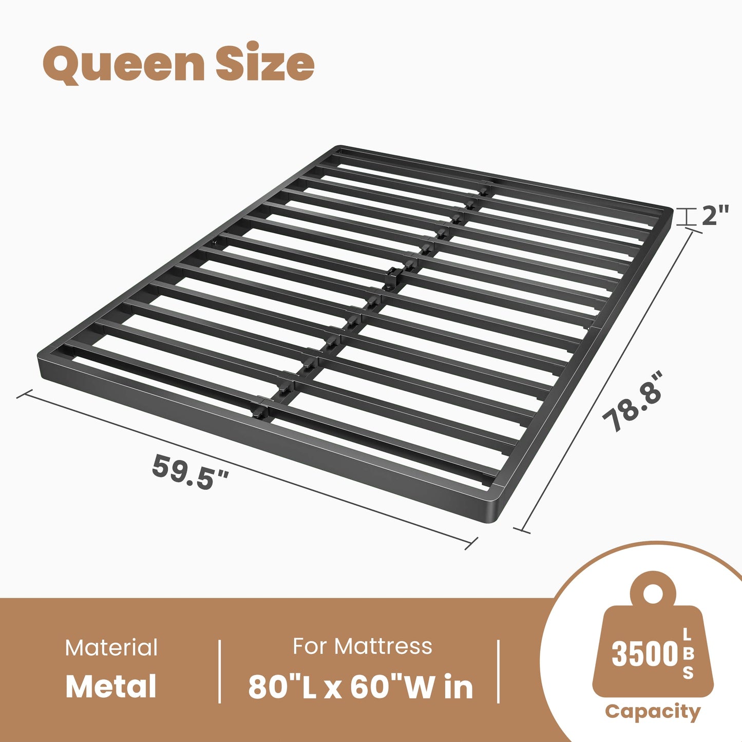 ROIL 2 Inch Queen Metal Box Spring Low Profile, Bunkie Board Bed Slat Replacement with Round Corners, 3500 lbs Capacity Heavy Duty Steel Slats, Easy Assembly, Noise Free