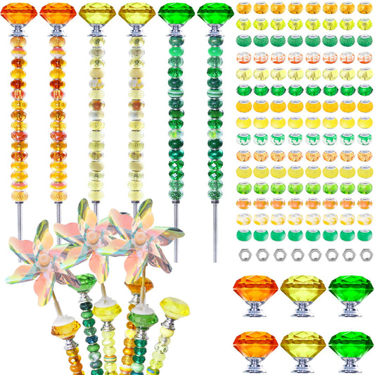 148 PCS Beaded Garden Stakes Kit, DIY Fairy Wand Garden Stake Beads Kits with Assortment Large Hole Beads 6 Crystal Stopper Top Threaded Rods and 3 Colored Small Windmills for Outdoor Indoor Decor