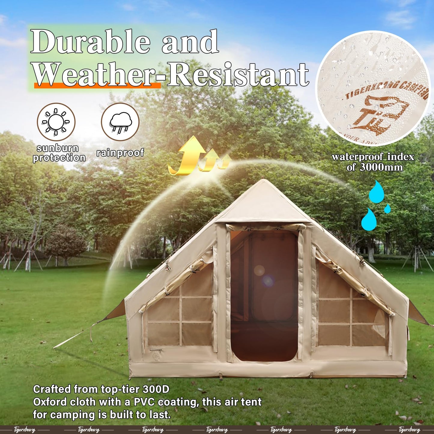 TIGERXBANG Inflatable Tent for Camping, 4-6 Person Glamping Air Tents, Easy Setup 4 Season Luxury Cabin, Waterproof & Windproof Inflatable House Tent with Panoramic View Windows