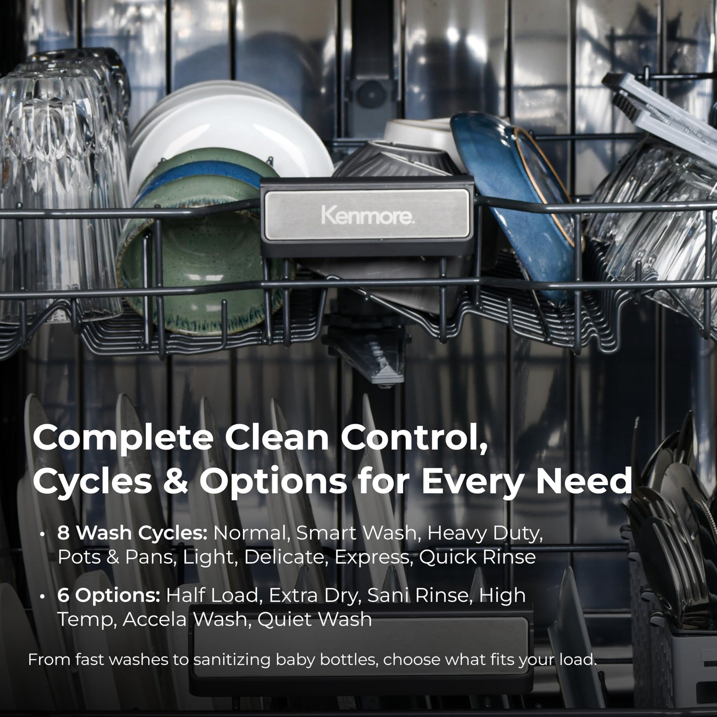 Kenmore 24" Built-In Dishwasher - UltraWash Plus, EasyFlex Third Rack, TurboDry, SmartWash & Reach-Thru Handle - 15 Place Settings - 45 DBA - ENERGY STAR Certified - Stainless Steel