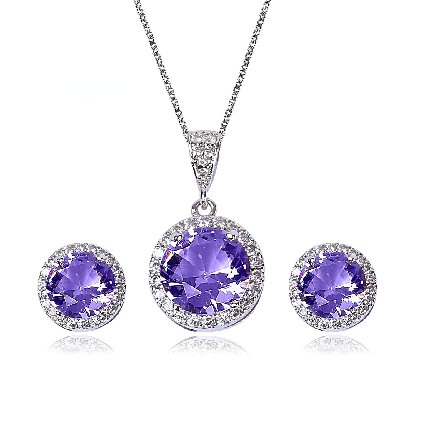 AMYJANE Amethyst Jewelry Set for Bridesmaids - Sterling Silver Round Purple Cubic Zirconia Crystal Bridal Pendant Necklace Earrings Set for Wedding Bride Bridesmaids