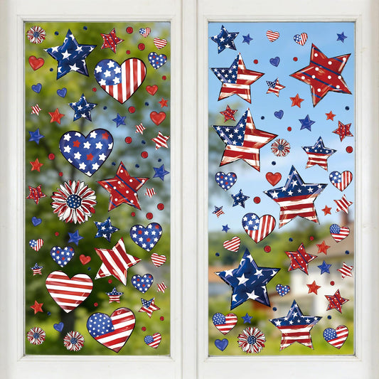 9 Sheets 4th of July Window Clings Decorations, 138PCS Patriotic Window Stickers Double-Sided Window Decals, Red White Blue Star Heart, USA Independence Day Memorial Day Decor for Home Office Glass