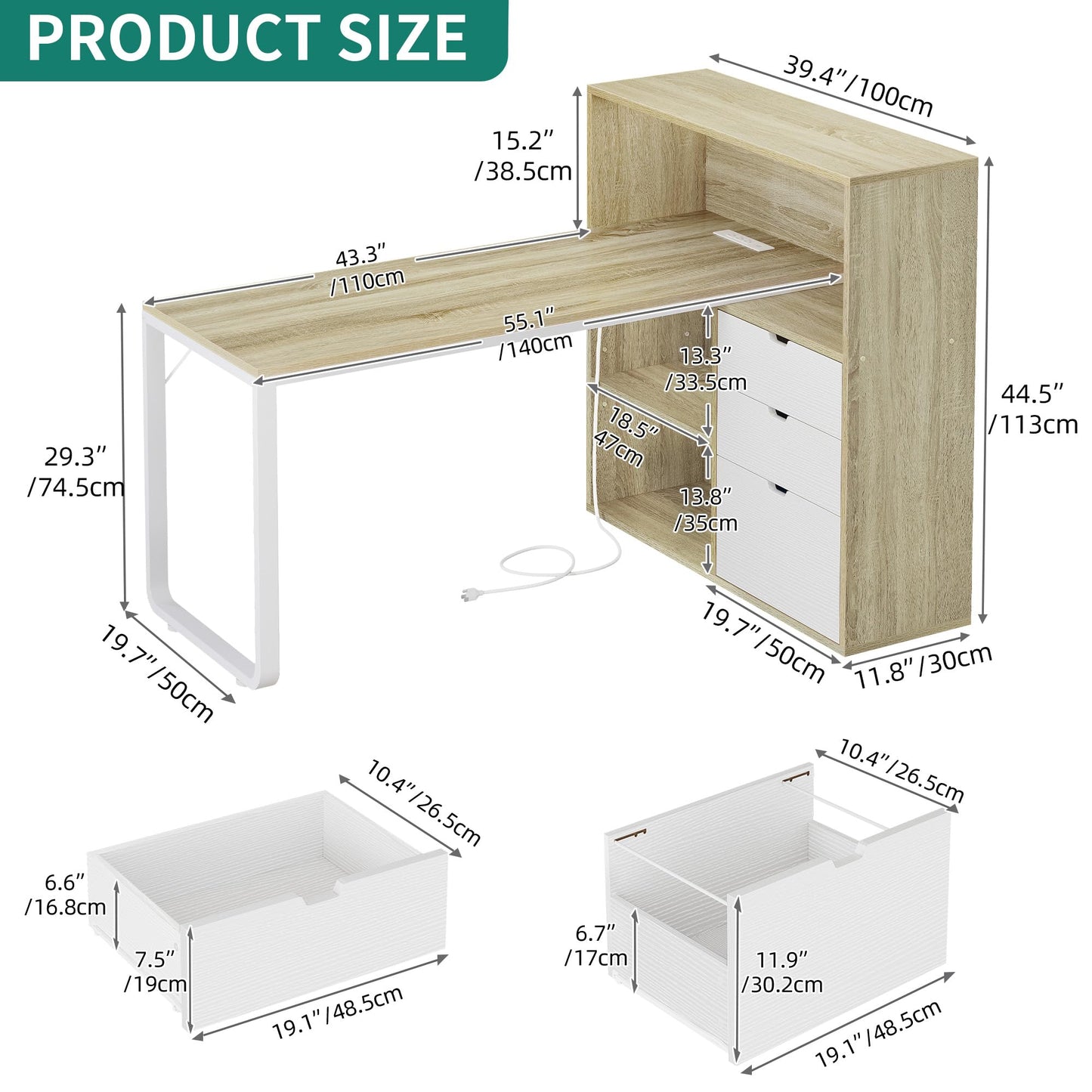 YITAHOME L Shaped Desk with Power Outlets, 55" Computer Desk with Drawers & Bookshelf, Home Office Desk with LED Lights, Corner Desk with File Cabinet, White & Oak