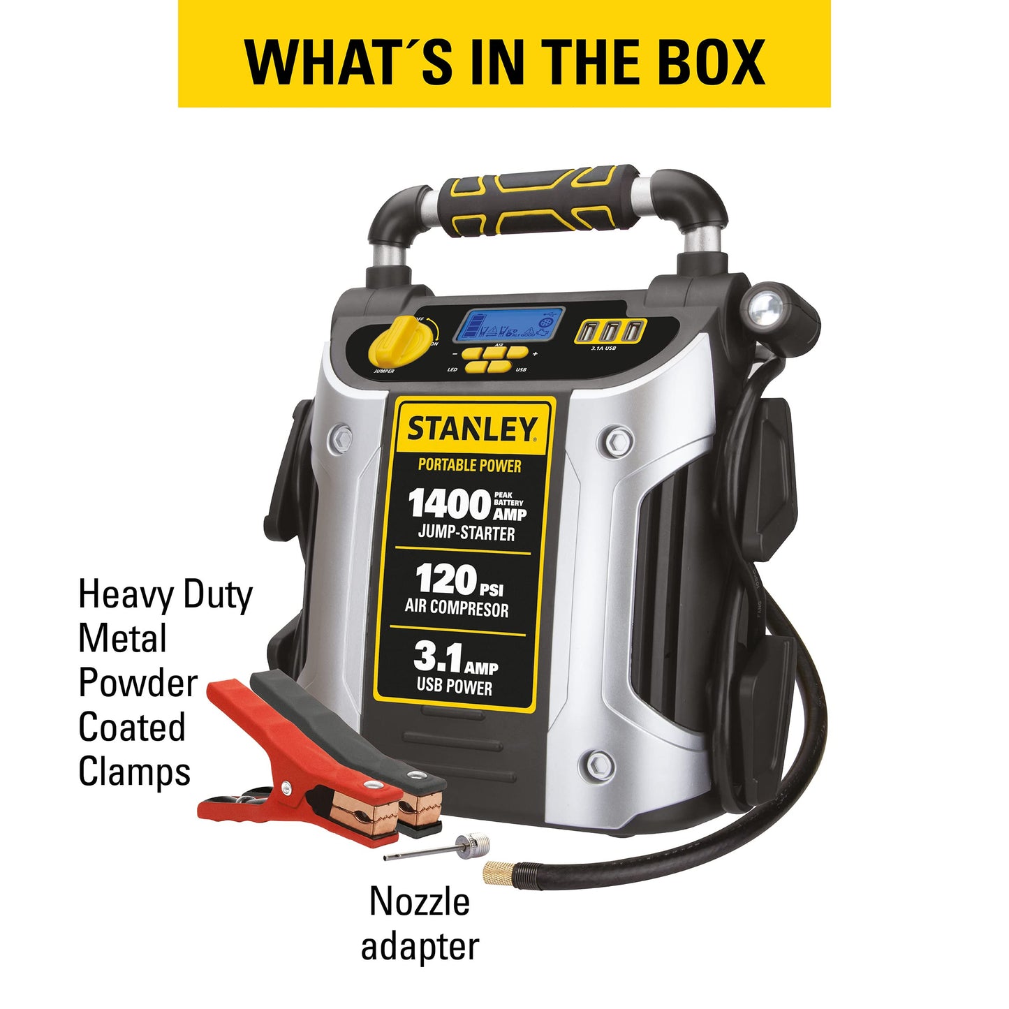 Stanley J7C09D 1400 Peak Amp Automotive Jump Starter, Portable Power – Triple 15W USB Ports, 120 PSI Air Compressor for Tires & Sports Equipment