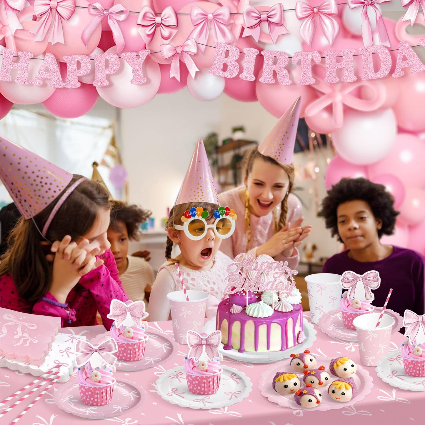 Pink Bow Coquette Birthday Decorations for 24 Guests, Party Supplies with Plates, Napkins, Cups, Balloon Garland Arch, Happy Birthday Banner, Tablecloth, Backdrop, Cake & Cupcake Toppers
