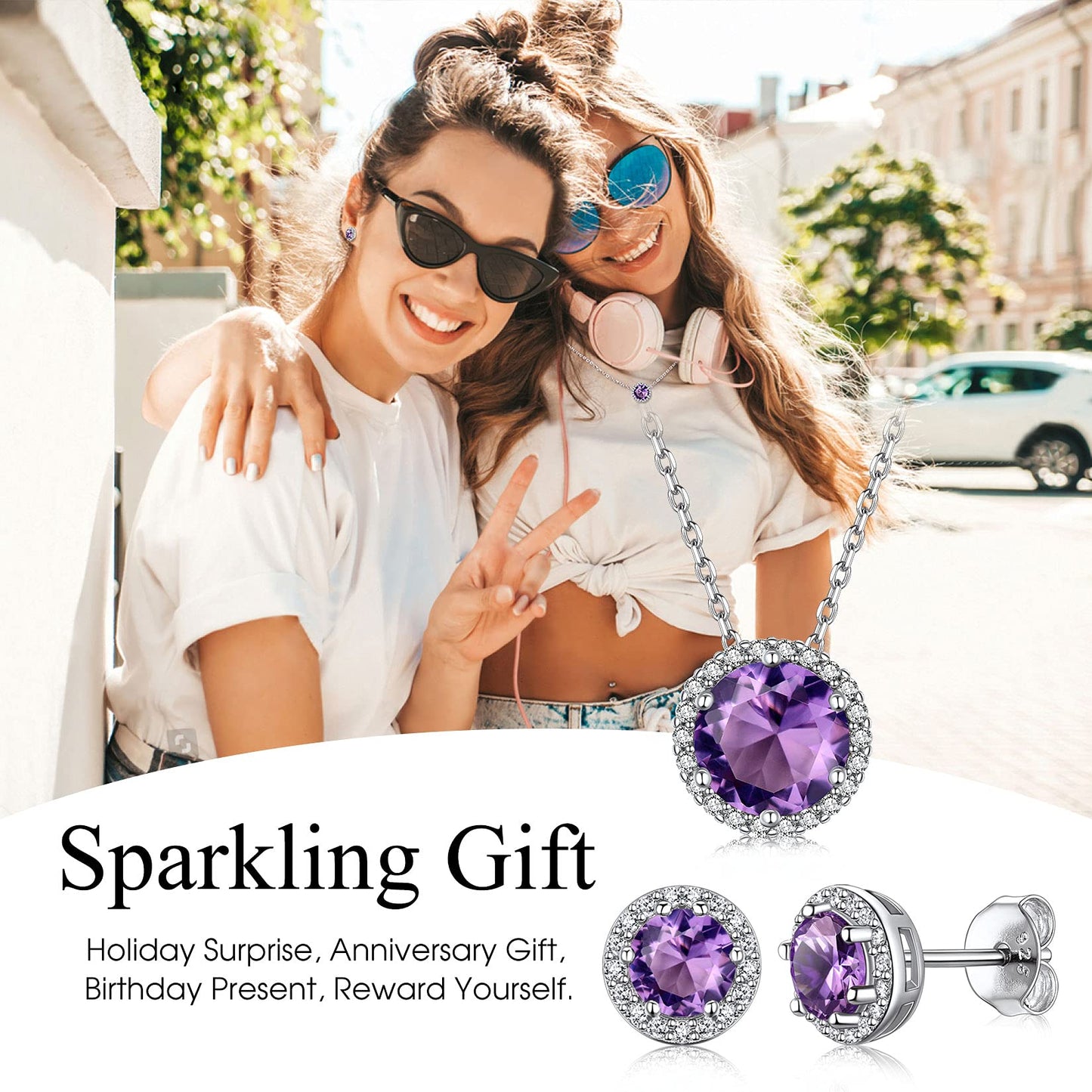 Bestyle 925 Sterling Silver CZ Created Round Diamond Studs | Classic Silver February Amethyst Birthstone Earrings for Women, Great Birthday Gift for Wife/Mom/Grandma