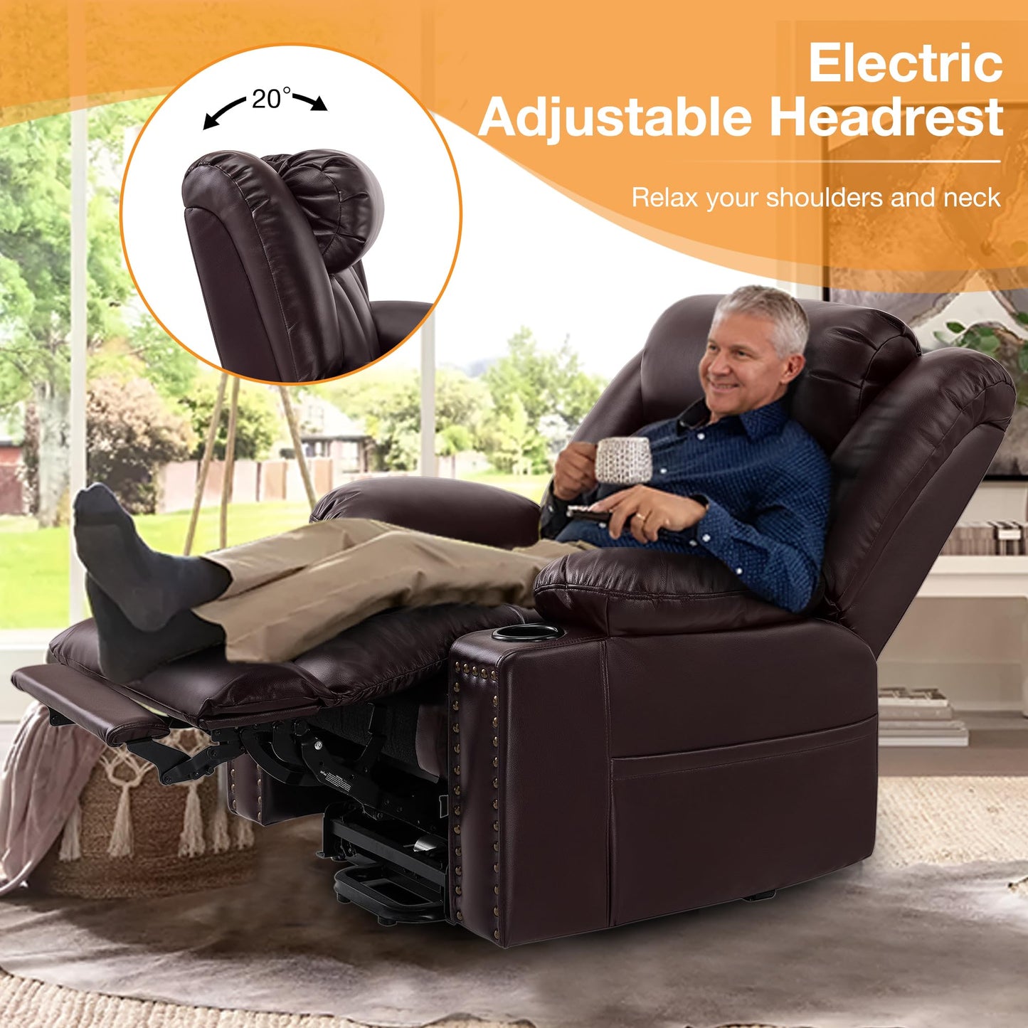 Triple Motor Large Power Lift Recliner Chair for Elderly with Heat and Massage, Lay Flat Lift Chairs for Seniors Infinite Position, Extended Footrest, USB Ports (Triple Motor-7523, Dark Brown)