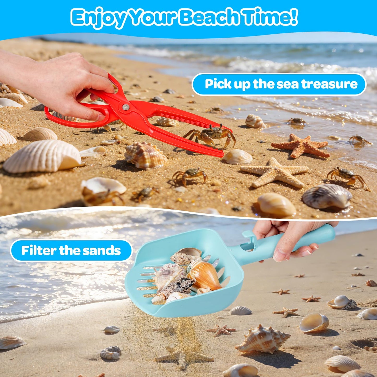 Beach Sand Toys for Kids 4-8 with Collapsible Buckets Sand Molds Mesh Shovels and Shell Bags Sand Tool Shell Shark Teeth Collecting, Beach Travel Essential Outdoor Sandbox Toy for Toddler 3 4 5 6