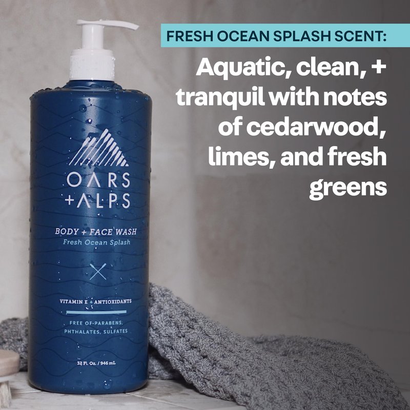 Oars + Alps Body Wash for Men, Mens Body Wash & Face Cleanser with Vitamin E & Antioxidants, Moisturizing, Paraben & Sulfate Free Cleanser, Fresh Ocean Splash, 32oz