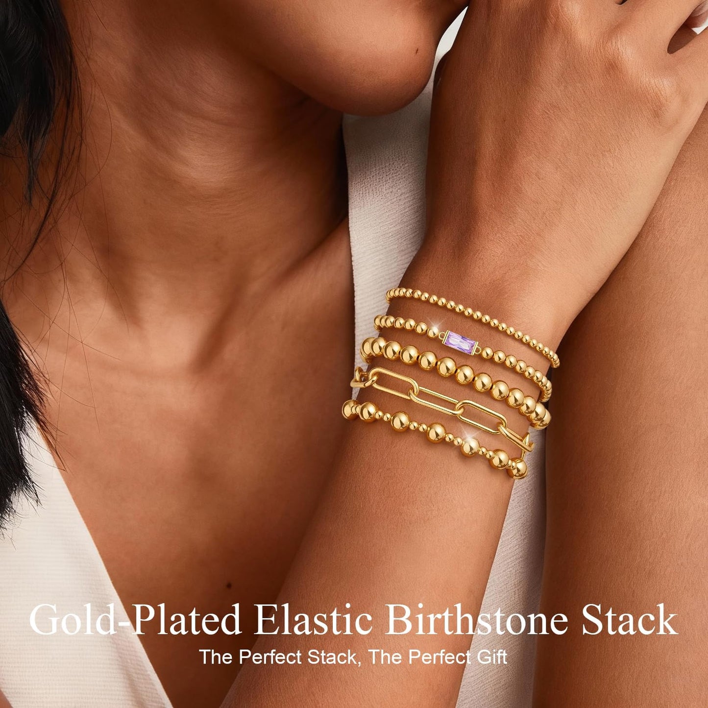 5 PCS Gold Bracelets for Women, Dainty Birthstone Bracelet 14K Gold Plated Stackable Paperclip Cuban Link Chain Bead Bracelets, Fashion Trendy Jewelry Sets Birthday Gifts