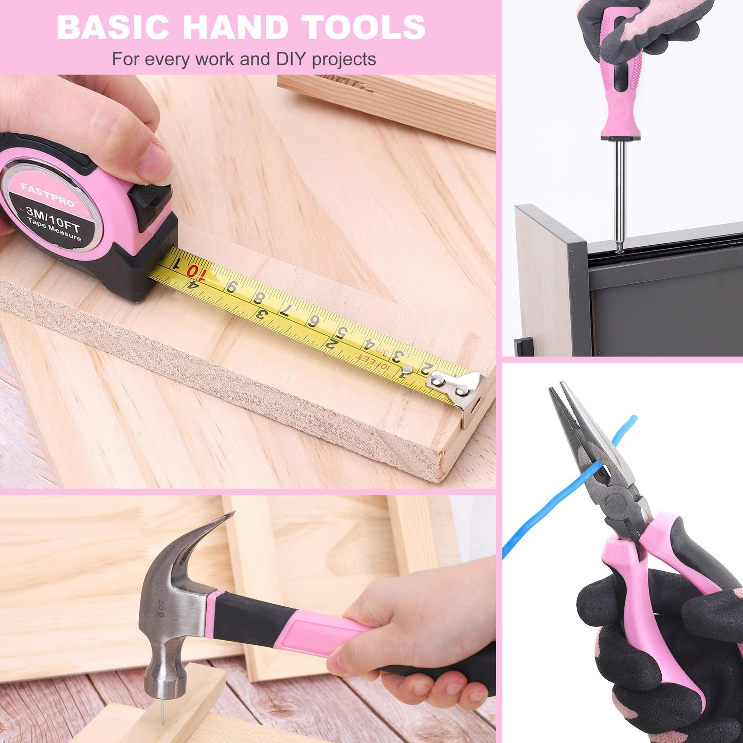 FASTPRO 160-Piece Pink Tool Set with 12V Cordless Drill Driver, Lady's Home Repairing Tool Kit with Drill in Storage Case, For DIY, Home Maintenance