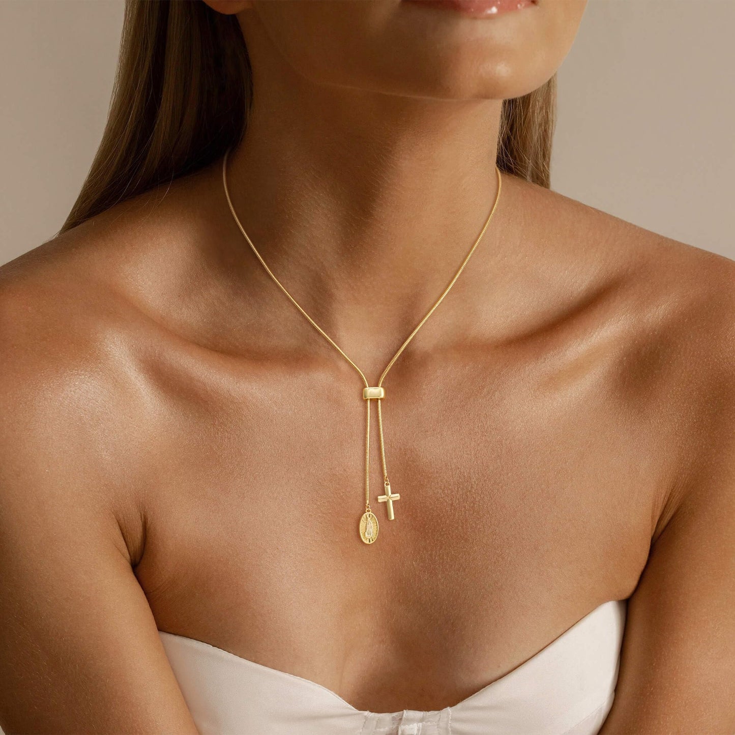 CHESKY 14K Gold Plated Long Necklace for Women Y Shaped Necklace Rosary Cross Drop Pendant Necklace Dainty Trendy Christian Jewelry