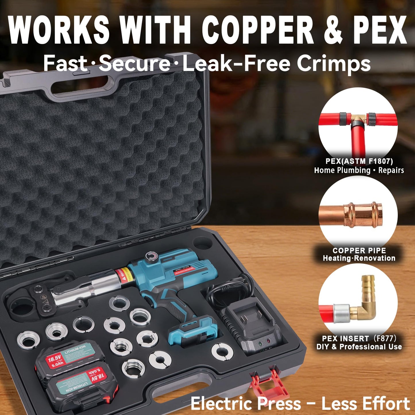 AMZCNC 18V Pro Press Tool for Copper & PEX Pipes Cordless Plumbing Press Tool Kit w/ 1/2”, 3/4”, 1” Copper & 3/8”–1” ASTM F1807 PEX Dies | F877 Stainless Sleeves | For Professional Plumbers