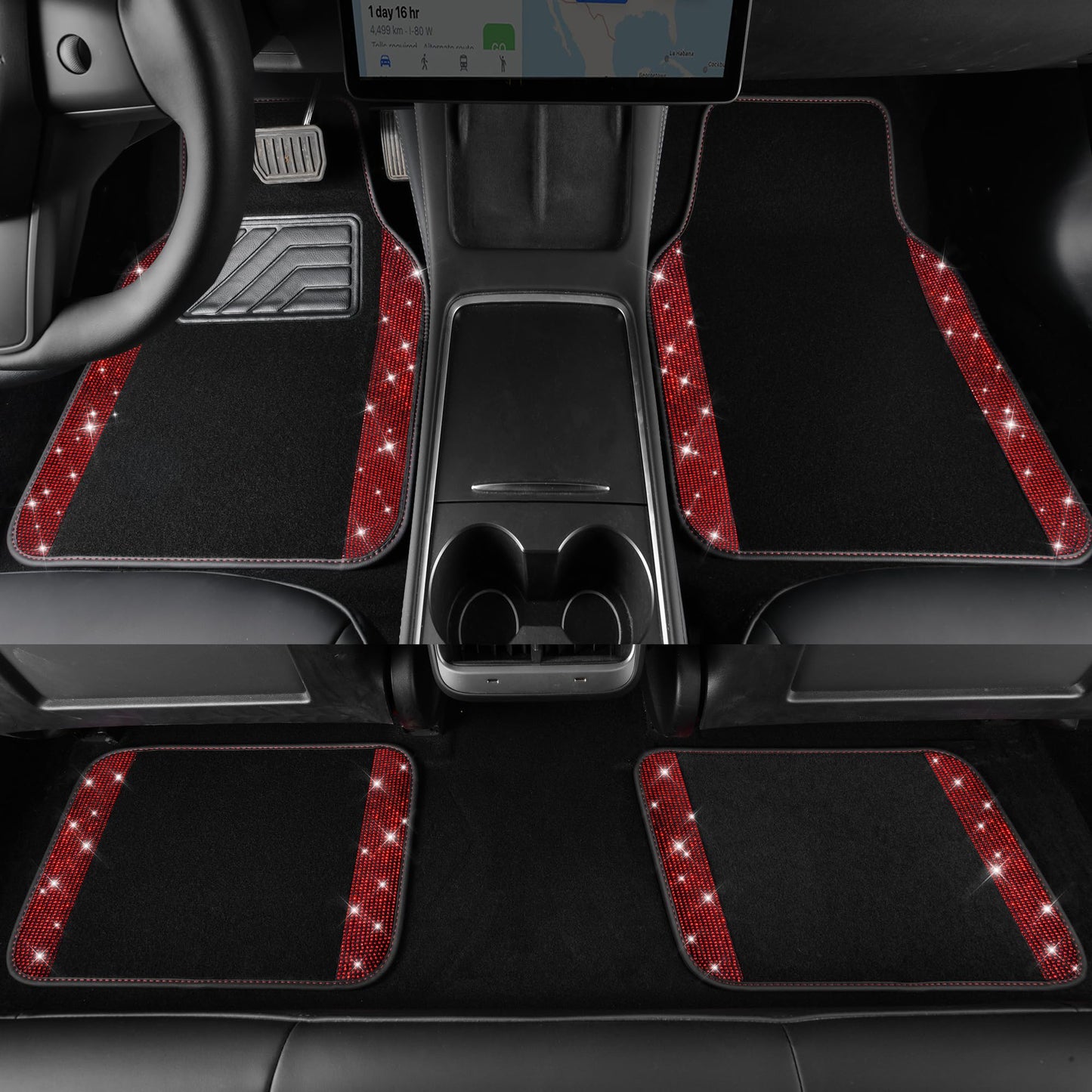 CAR PASS 11 PCS Bling Diamond Car Mats Set for Women Girls, Sparkly Rhinestone Steering Wheel Cover, Waterproof Floor Mats Universal Fit for SUV,Vans,Sedans,Trucks Anti-Slip, Interior Sets Black Red