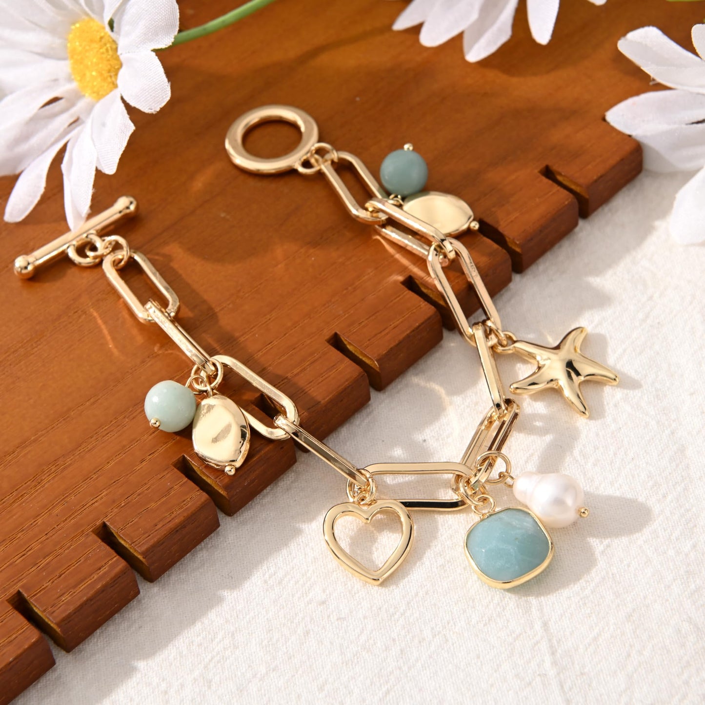 Ginyejly 14K Gold and Silver Plated Special Cain Link with Toggle Clasp Closure in Daily or Party for Women Fashion Jewelry Gifts (amazonite)