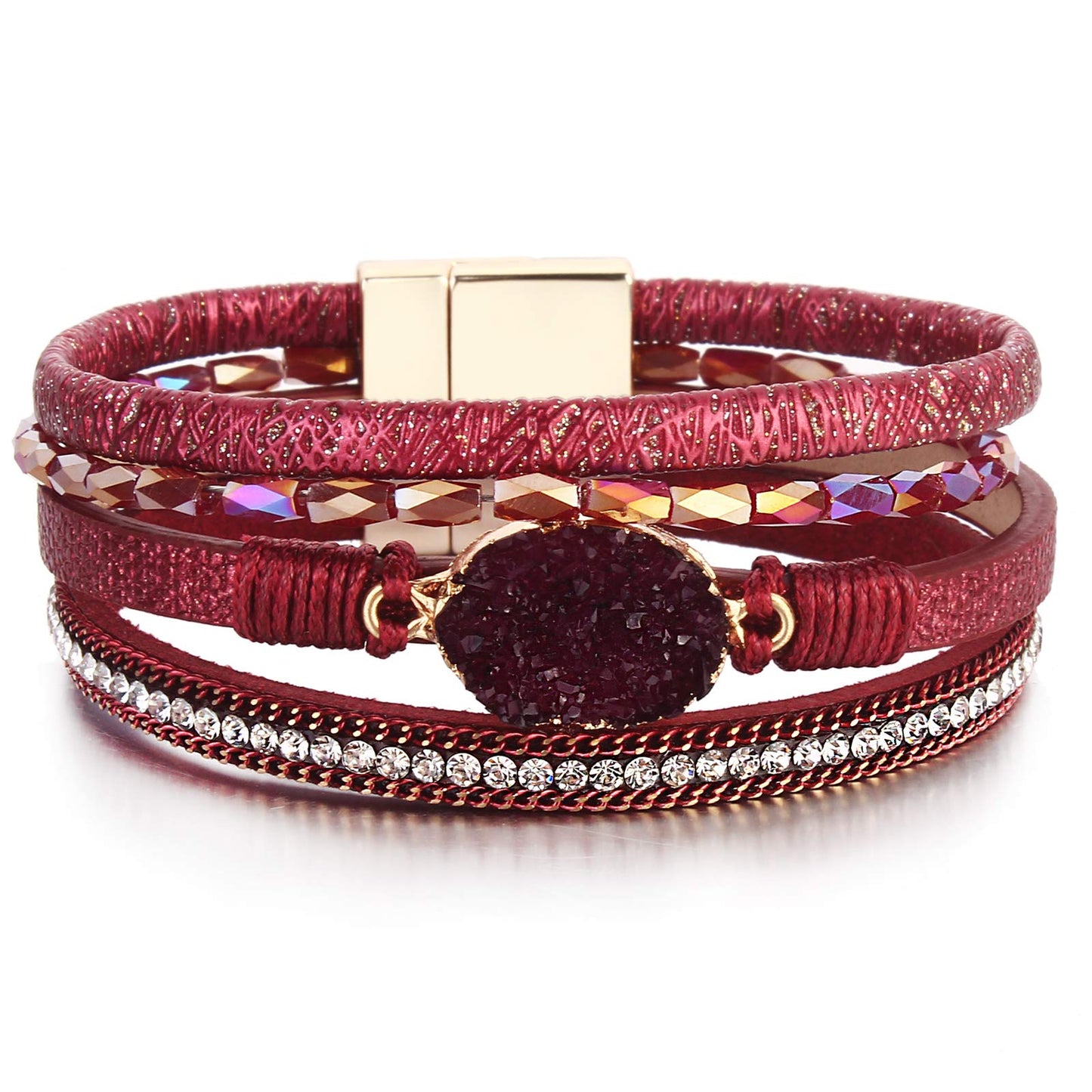 FANCY SHINY Boho Leather Wrap Bracelet Stackable Chunky Crystal Cuff Bracelets with Magnetic Clasp Cowboy Cowgirl Western Summer Beach Outfits Jewelry Gifts for Women (7.7", Burgundy)