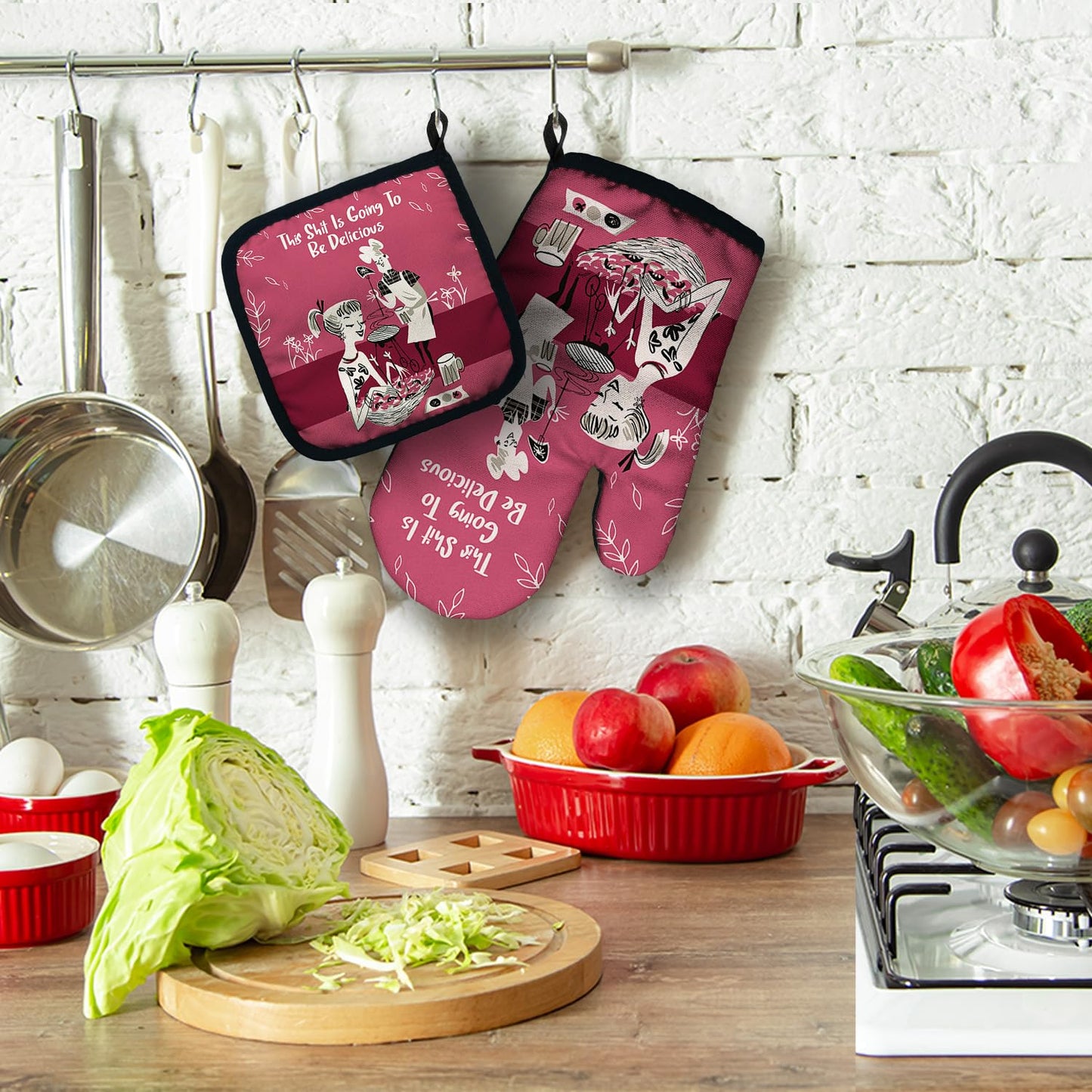 ZHANTUONE This Sxxt is Going to be Delicious Funny Heat Resistant Oven Mitts and Pot Holders Set with Silicone Non-Slip, Retro Adult Humor Cooking Baking BBQ Gadgets, Gifts for Chef Bakers Wife BFF