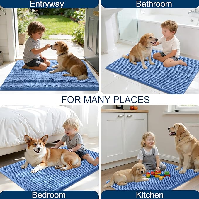 OLANLY Dog Door Mat for Muddy Paws 70x46, Ultra Absorbent Chenille Mud Doormat, Non-Slip Washable and Dirt Trapping Doormat for Indoor Entryway, Quick-Dry Indoor Pet Bed Mats for Dogs, Cornflower Blue