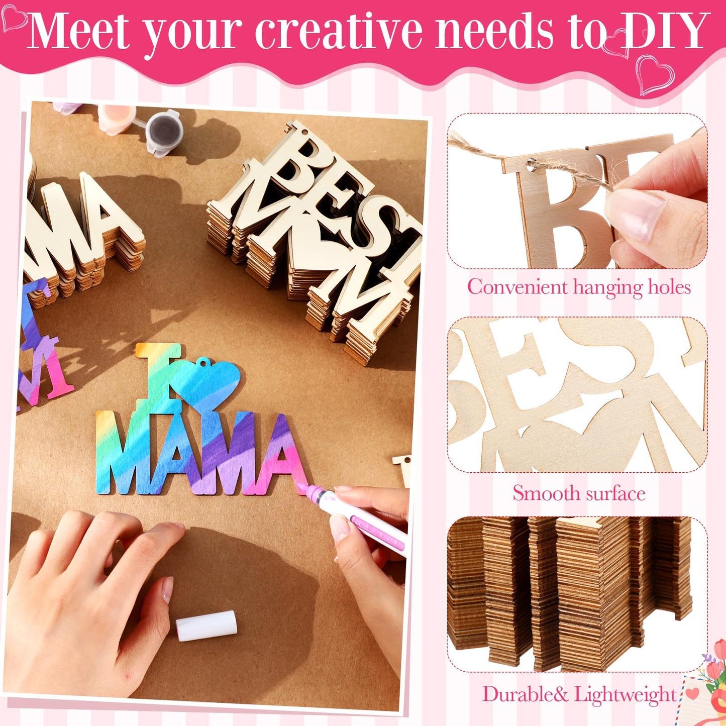 Gerrii 80 Pcs 4.7 Inch Mother's Day Unfinished Wood Crafts for Kids Painting DIY Best Mom Cutouts to Paint Hanging Wooden Letters Ornaments for Mother's Day Gifts Bulk Birthday Party Decorations